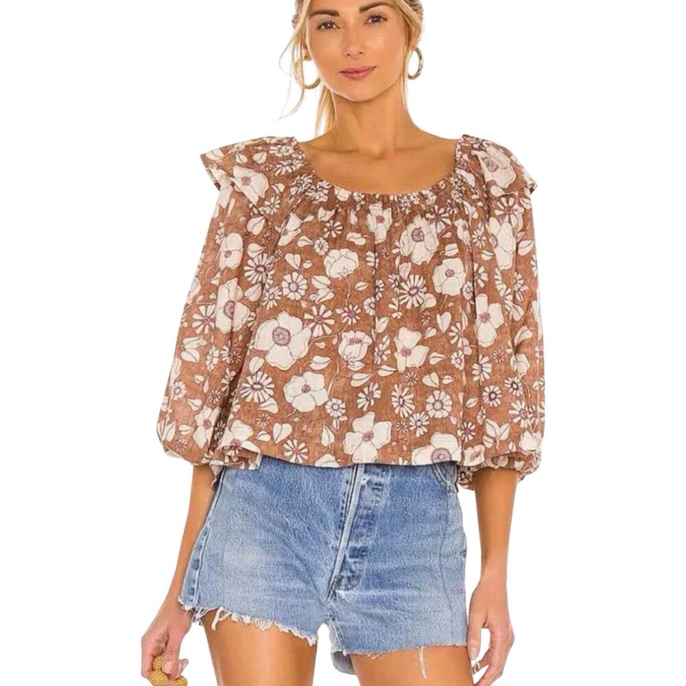 Free People Daisy Boxy Peasant Blouse Womens L Brown Floral Boho Cotton